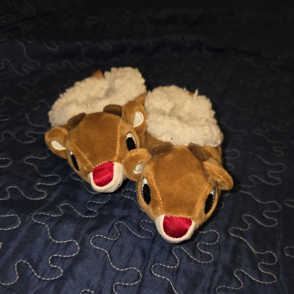 Brown Reindeer Slippers with Red Nose